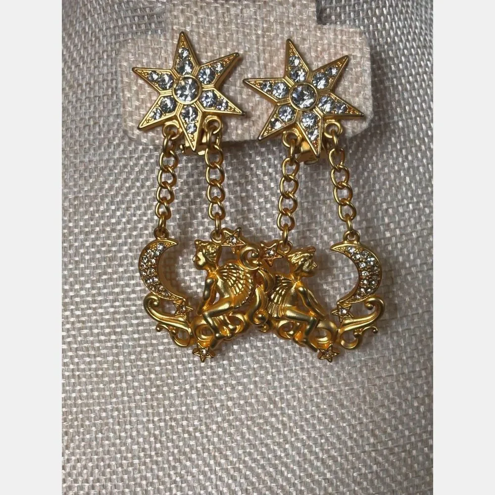 VTG Kirks Folly Gold-Tone Celestial Cherub Moon & Star Dangle Earrings